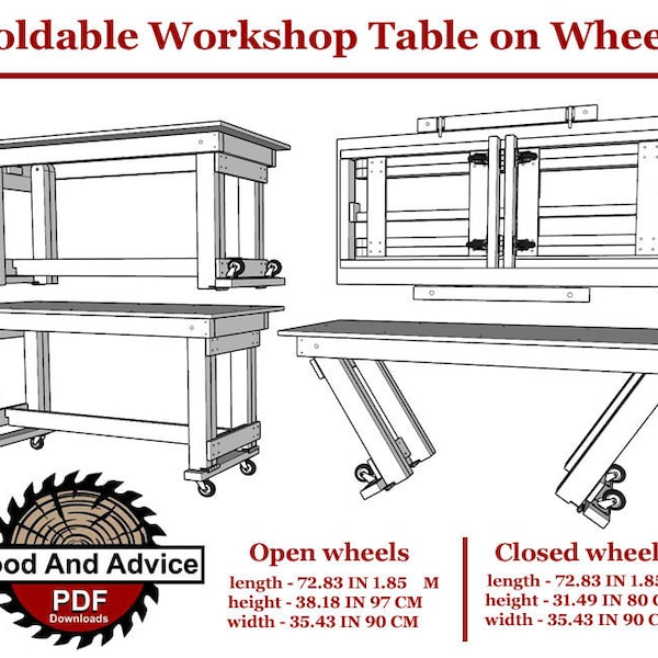 Foldable Workshop Table on Wheels DIY Plans & Instructions, DIY Woodworking Plans, Foldable Wall Mounted Wood Table