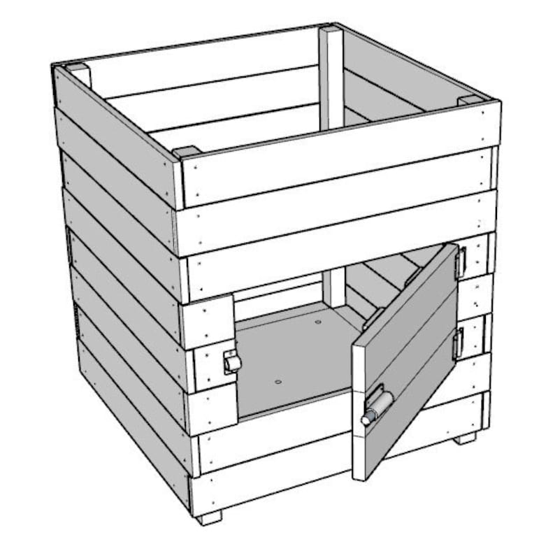 May include: A wooden compost bin with a hinged door on the front. The bin is made of unfinished wood planks and has a rectangular shape.