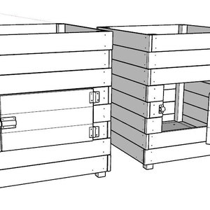 May include: Two wooden storage boxes with hinged doors. The boxes are made of natural wood and have a rustic look. Each box has a small door on the front side. The boxes are ideal for storing items in a garden or on a patio.