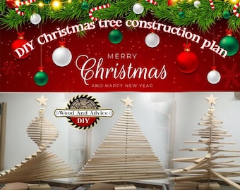 May include: DIY Christmas tree construction plan with a festive red and green background. The image shows three wooden Christmas trees made from slats of wood. The trees are arranged in a row on a wooden surface. The text "Wood And Advice DIY" is visible in a circular logo.