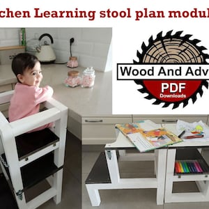 May include: White wooden learning tower with two steps and a black top. A child is sitting on the top step. The tower is designed to help children reach worktops and participate in kitchen activities. The image also shows a white wooden table with a black top and two steps. The table is designed for children to use for activities such as drawing or playing. The image includes the text "Wood And Advice PDF Downloads".