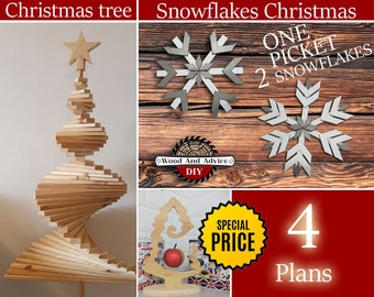 Puede incluir: Cuatro planos de carpintería para un árbol de Navidad, dos copos de nieve y una valla de piquetes. Los planos están disponibles a un precio especial. La imagen muestra un árbol de Navidad de madera, dos copos de nieve blancos y una valla de piquetes.