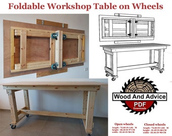 Foldable Workshop Table on Wheels DIY Plans & Instructions, DIY Woodworking Plans, Foldable Wall Mounted Wood Table