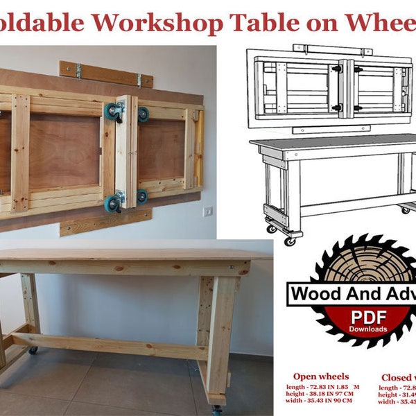 Opvouwbare werkplaatstafel op wielen DIY-plannen en -instructies, doe-het-zelf-houtbewerkingsplannen, opvouwbare houten wandgemonteerde tafel