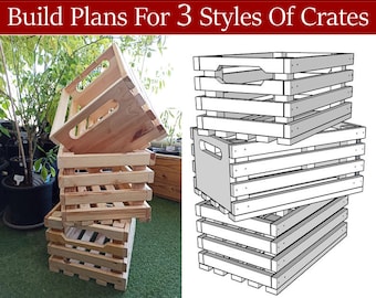 Puede incluir: Planos de construcción para tres estilos de cajas de madera. Los planos muestran cómo construir una caja con asa, una caja con tapa simple y una caja con tapa de listones. Los planos están dibujados en blanco y negro.