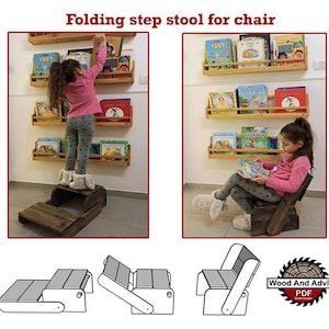 Puede incluir: Un taburete plegable de madera para silla. El taburete está hecho de madera y tiene un diseño sencillo. El taburete se muestra en posición plegada y desplegada. La imagen también muestra a un niño usando el taburete para alcanzar una estantería.