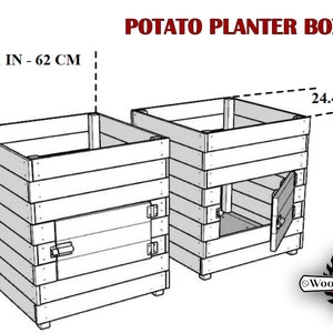 May include: Diagram showing how to build a potato planter box. The plan includes dimensions in inches and centimeters. The planter box is made of wood and has a door for harvesting potatoes.