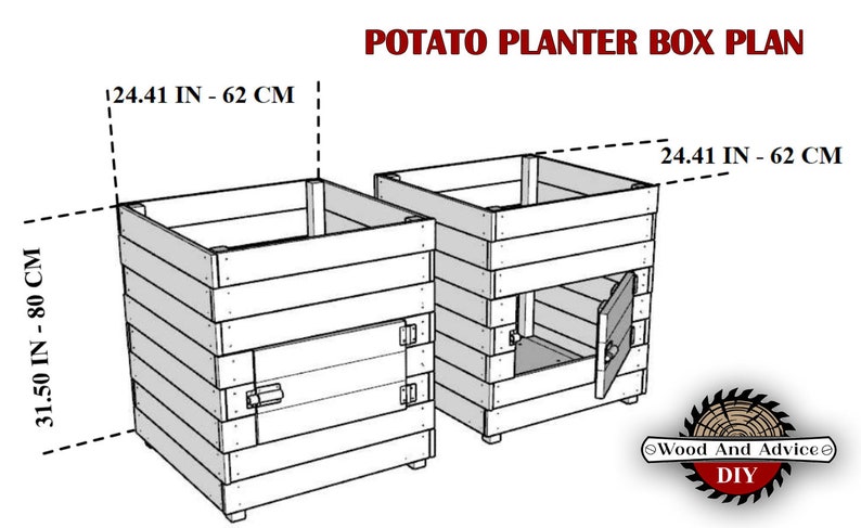 May include: Diagram showing how to build a potato planter box. The plan includes dimensions in inches and centimeters. The planter box is made of wood and has a door for harvesting potatoes.
