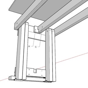 May include: A detailed line drawing of a wooden table leg assembly. The leg is made of two vertical pieces of wood joined together by a horizontal piece of wood. The assembly is labeled with the letters "G" and "H".