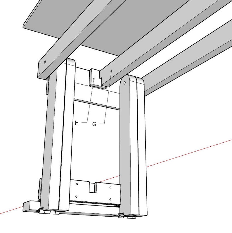 May include: A detailed line drawing of a wooden table leg assembly. The leg is made of two vertical pieces of wood joined together by a horizontal piece of wood. The assembly is labeled with the letters "G" and "H".