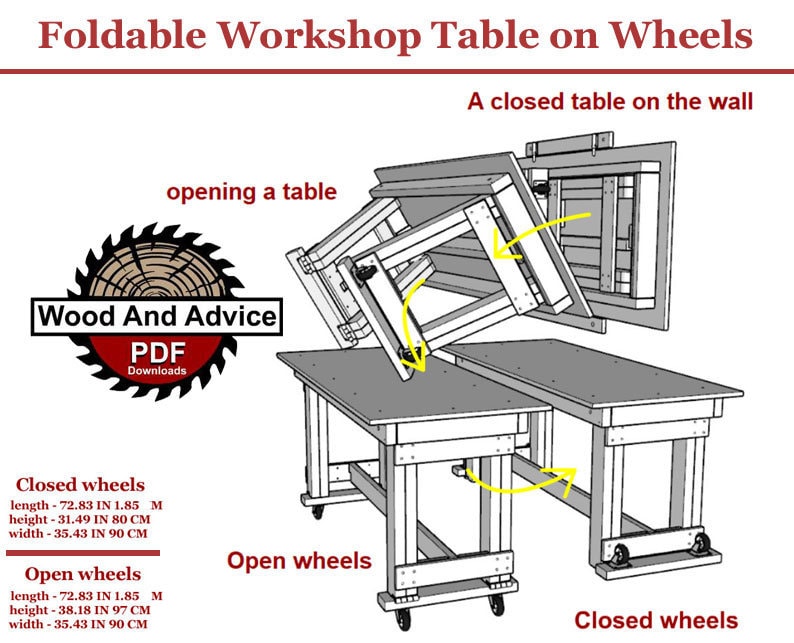 May include: Diagram showing a foldable workshop table on wheels. The table can be opened and closed, and the wheels can be locked or unlocked. The table is made of wood and has a simple design. The text "Wood And Advice PDF Downloads" is visible in the image.
