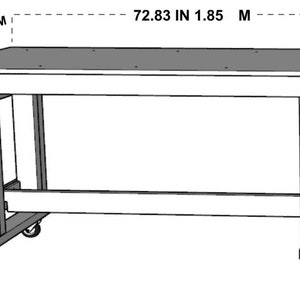 May include: A black and white line drawing of a wooden workbench with wheels. The workbench is 72.83 inches wide and 38.18 inches tall. The top of the workbench is 35.4 inches wide.