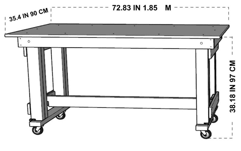 May include: A black and white line drawing of a wooden workbench with wheels. The workbench is 72.83 inches wide and 38.18 inches tall. The top of the workbench is 35.4 inches wide.