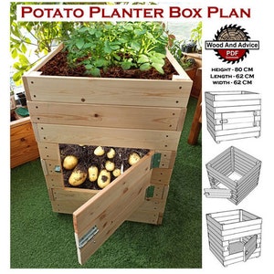 May include: A wooden potato planter box plan with a diagram showing the dimensions of the box. The box is 80 cm high, 62 cm long, and 62 cm wide. The plan includes a door for harvesting potatoes.