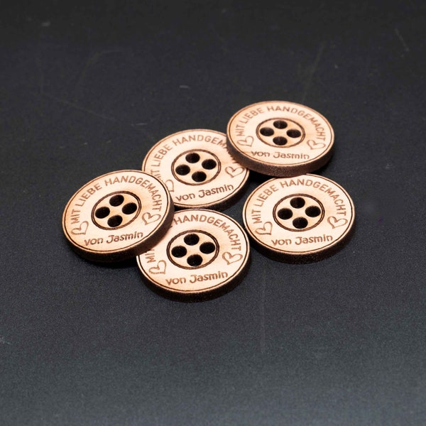 Personalized real wood buttons "HANGMACHT WITH LOVE" the special something for your handicraft as a label