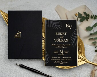 Gold Foil Printed Invitations, Black Wedding Cards, Foil Printed Invitations, Black Wedding Invitation, Black Envelope, Wedding Invitation