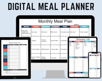 Planificador de comidas digital / Hoja de cálculo de planificación de comidas / Planificador de comidas semanal / Planificador de menú mensual / Lista de compras digital / Planificador de hojas de Google