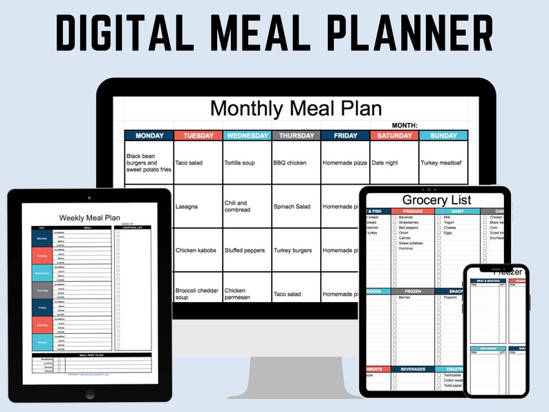 May include: A digital meal planner with a weekly and monthly meal plan, a grocery list, and a freezer inventory list. The planner is displayed on a computer screen, tablet, and phone.