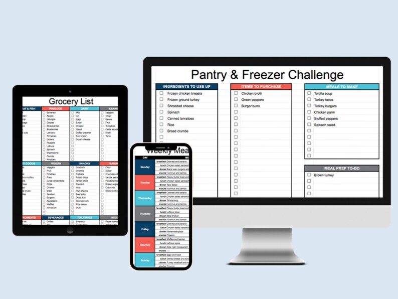 May include: A digital planner for a pantry and freezer challenge. The planner includes a grocery list, a list of ingredients to use up, items to purchase, meals to make, and meal prep to do. The planner is displayed on a computer screen, a tablet, and a smartphone.