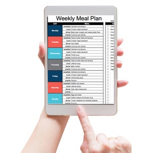 May include: A weekly meal plan on a tablet screen. The plan includes breakfast, lunch, and dinner options for each day of the week. The days of the week are listed in a column on the left, and the meals are listed in a column on the right. The meal plan includes a variety of healthy and delicious options.