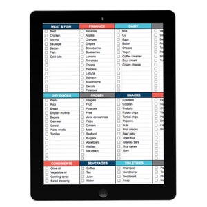 May include: A digital grocery list template on a tablet screen. The list is divided into categories such as Meat & Fish, Produce, Dairy, Dry Goods, Frozen, Snacks, Condiments, Beverages, and Toiletries. Each category has a list of items with checkboxes next to them.