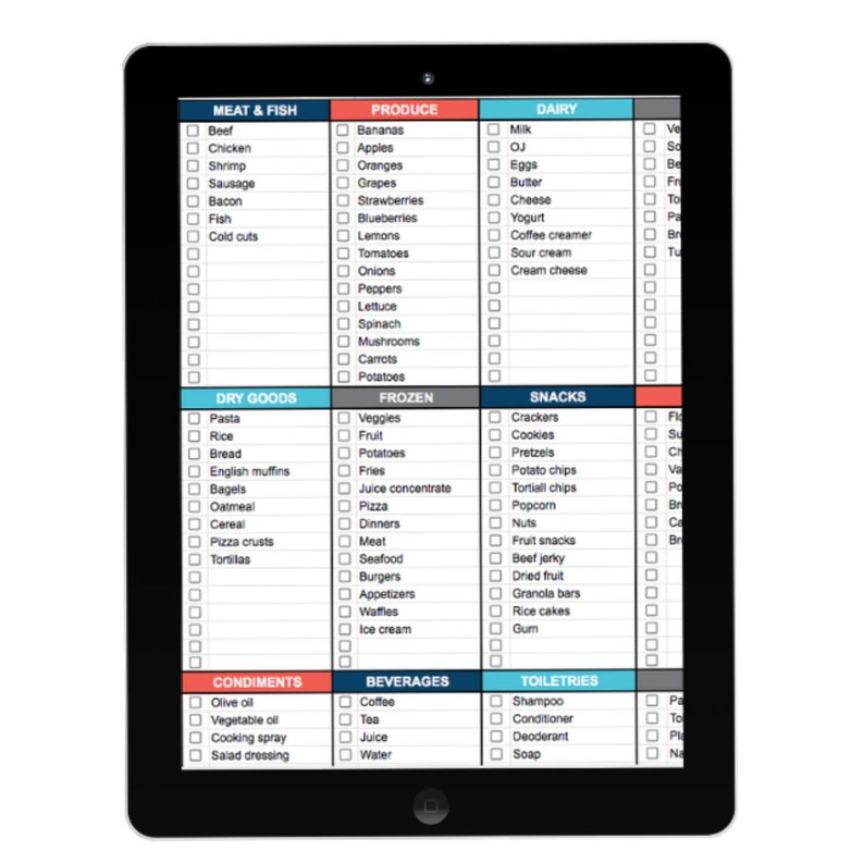 May include: A digital grocery list template on a tablet screen. The list is divided into categories such as Meat & Fish, Produce, Dairy, Dry Goods, Frozen, Snacks, Condiments, Beverages, and Toiletries. Each category has a list of items with checkboxes next to them.