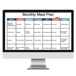 May include: A monthly meal plan chart with a black background and colorful headings for each day of the week. The chart lists different meal ideas for each day, including black bean burgers, lasagna, chicken tacos, and more.