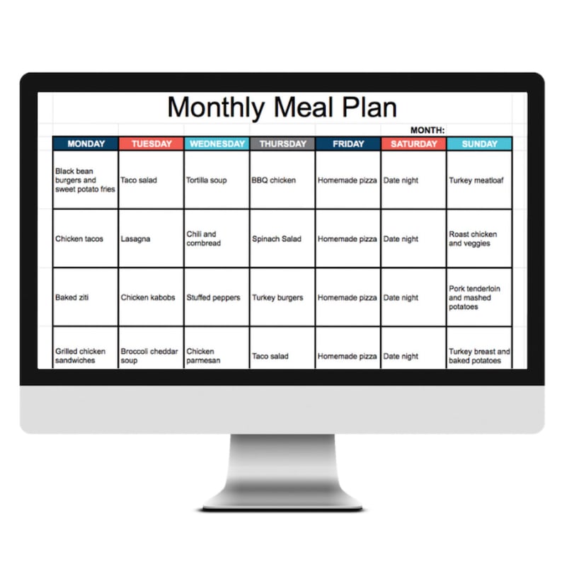 May include: A monthly meal plan chart with a black background and colorful headings for each day of the week. The chart lists different meal ideas for each day, including black bean burgers, lasagna, chicken tacos, and more.