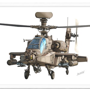 May include: A detailed illustration of a military helicopter, painted in a camouflage pattern of brown and green. The helicopter has a large, rotating blade on top and a smaller, fixed blade on the side. The helicopter is equipped with a variety of weapons, including missiles and machine guns.