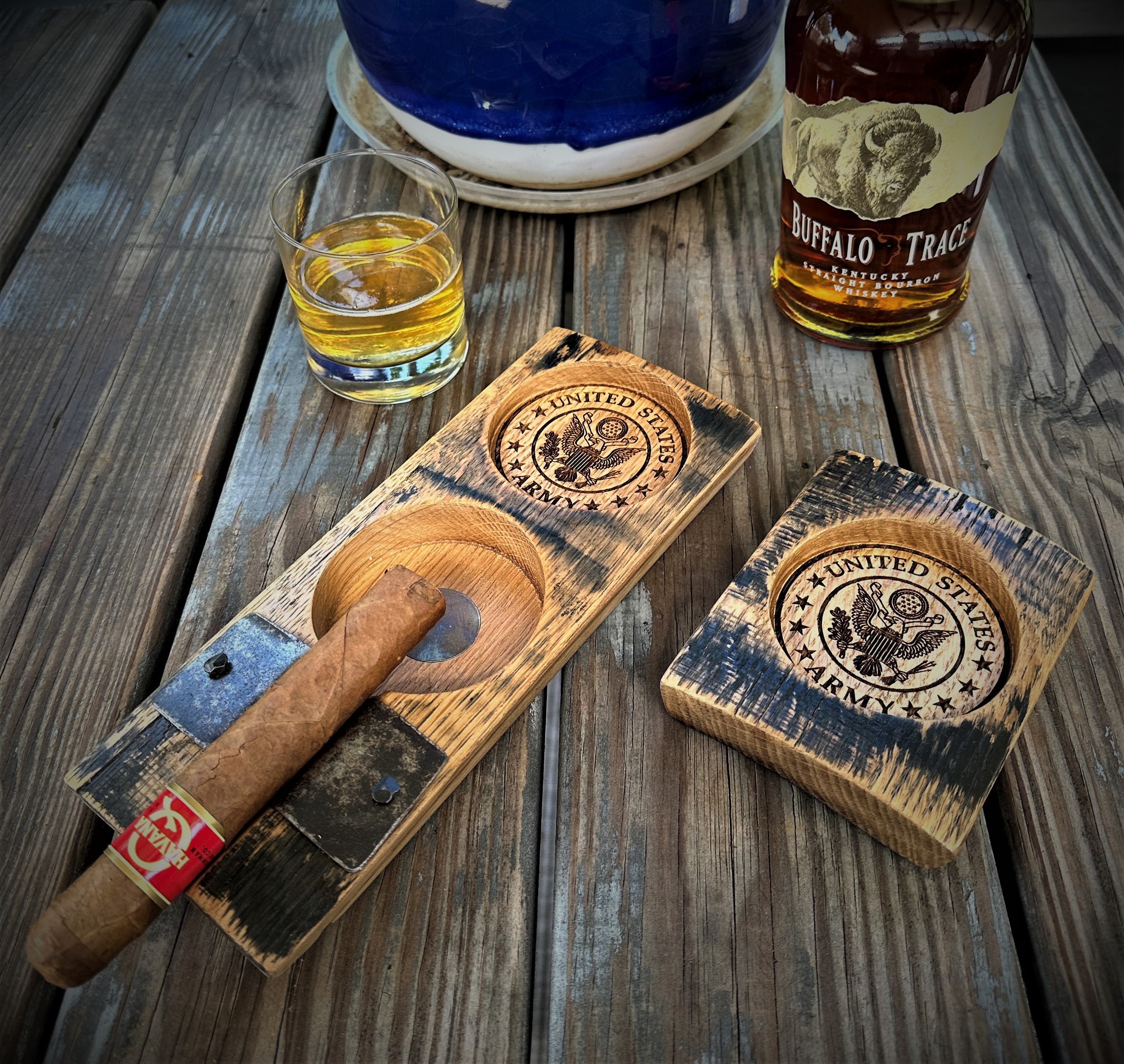 KOVOT Cigar Ashtray and Whiskey Glass Tray – Exquisite Rustic Wooden Tray  with Cocktail Glass Coaster – Wood Cigar Ashtray with Slot to Hold Cigar –  Accessory Set Gift for Men Christmas