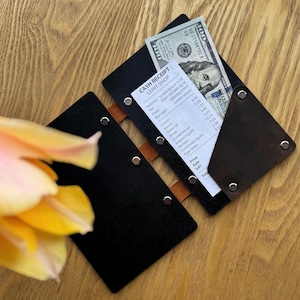 May include: Black leather wallet with a cash receipt and a one hundred dollar bill. The wallet is open, revealing the contents. The receipt includes the text "CASH RECEIPT LEHIT SHOP". The wallet is on a wooden surface.