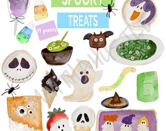May include: Watercolor illustration of Halloween-themed treats, including a lollipop, candy corn, a Jack Skellington cookie, a ghost, and a Frankenstein's monster. The words "Spooky Treats" are written above the treats.
