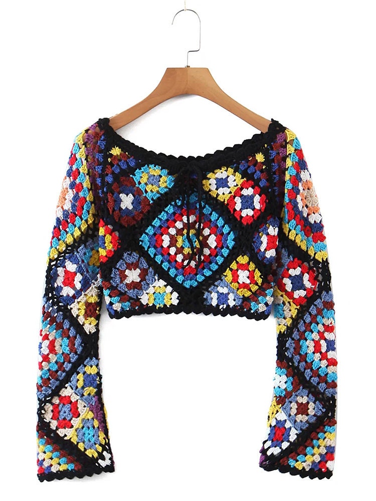 Granny Square Two Piece Hippie Rainbow off Shoulder Tops and High Waist ...