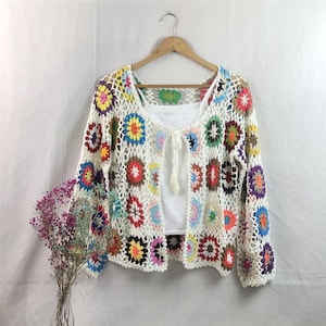 Granny Square Crochet Knitted Cardigan, Hippie Rainbow Pattern Top, Festival Vintage Boho Style, Summer Beach Wear, Gift for Her
