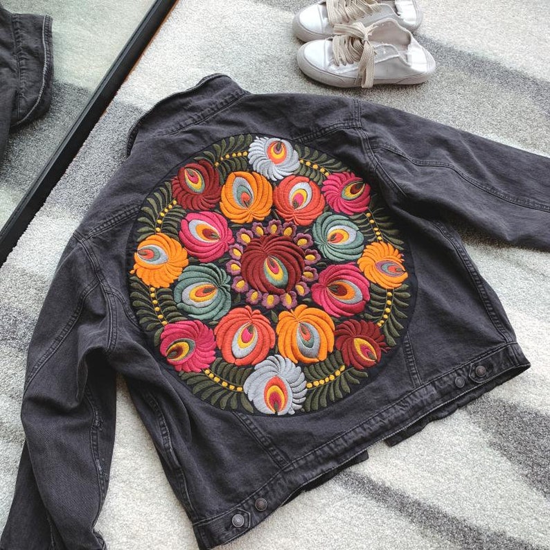 With Embroidery On Back Black Denim Jacket Embroidered Flower