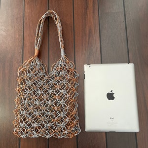 Handmade Leather Macrame Bag in Silver and Copper, Market Bag, Top Handle Bag, String Bag, Net Bag, Minimalist Design, image 7
