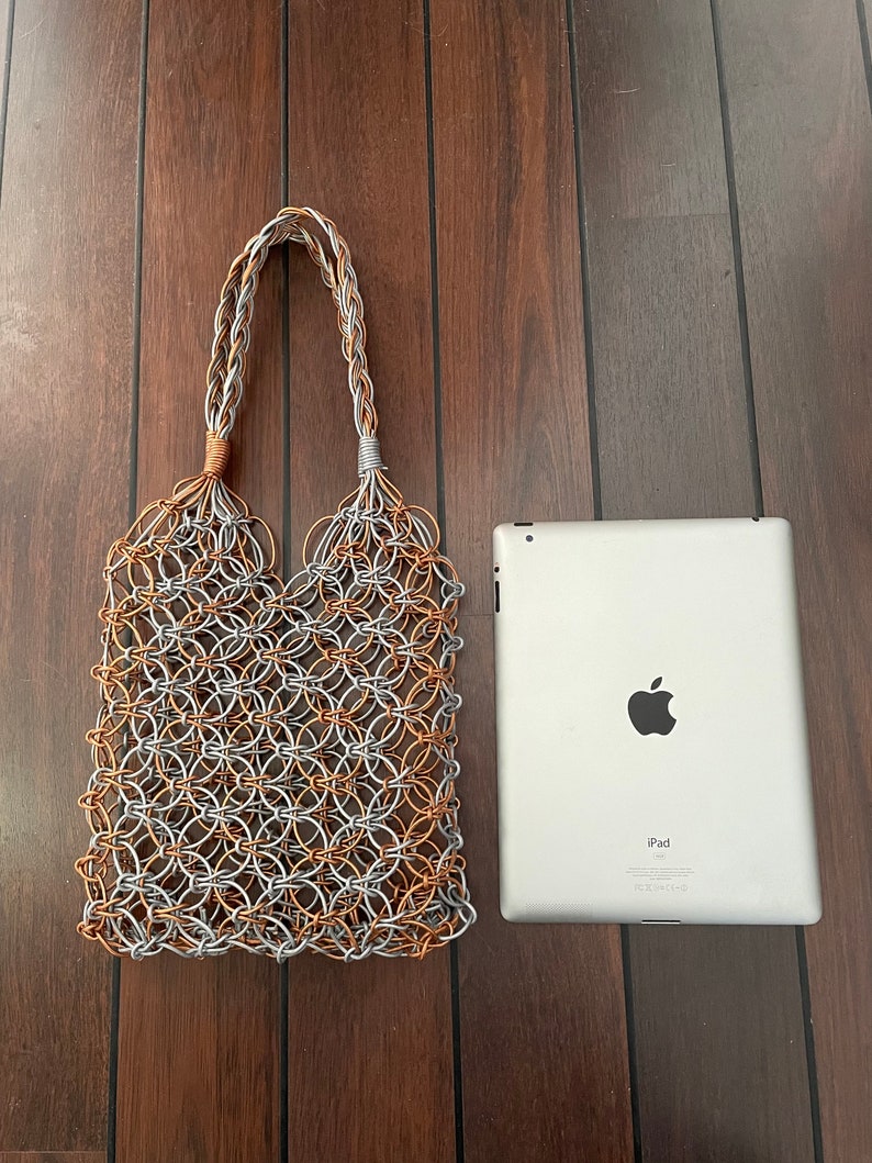 Handmade Leather Macrame Bag in Silver and Copper, Market Bag, Top Handle Bag, String Bag, Net Bag, Minimalist Design, image 7