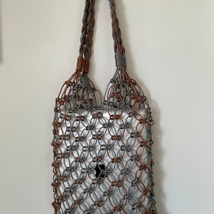 Handmade Leather Macrame Bag in Silver and Copper, Market Bag, Top Handle Bag, String Bag, Net Bag, Minimalist Design, image 5