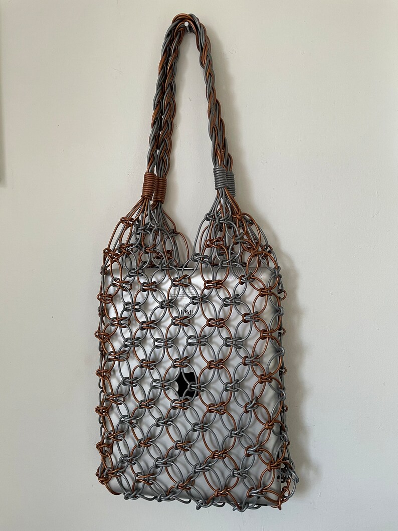 Handmade Leather Macrame Bag in Silver and Copper, Market Bag, Top Handle Bag, String Bag, Net Bag, Minimalist Design, image 5