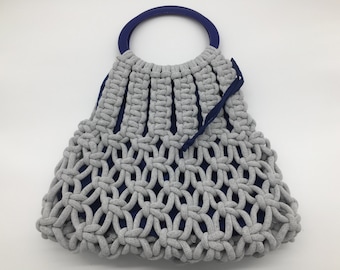 Handmade, minimalist grey macrame bag, Market Bag, Net Bag, Tote, Shopping Bag, Boho Bag, Cute Project Bag Made From Recycled Cotton Cord