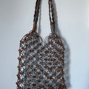 Handmade Leather Macrame Bag in Silver and Copper, Market Bag, Top Handle Bag, String Bag, Net Bag, Minimalist Design, image 1