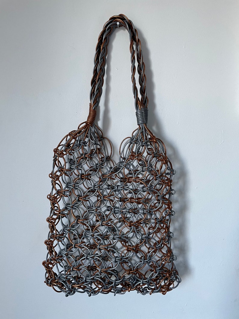 Handmade Leather Macrame Bag in Silver and Copper, Market Bag, Top Handle Bag, String Bag, Net Bag, Minimalist Design, image 1