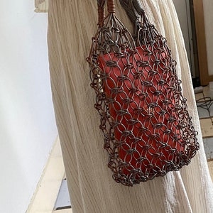 Handmade Leather Macrame Bag in Silver and Copper, Market Bag, Top Handle Bag, String Bag, Net Bag, Minimalist Design, image 2