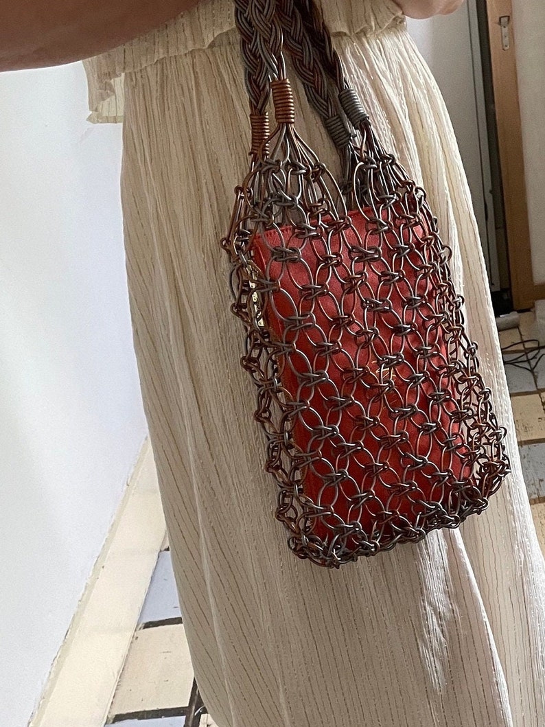 Handmade Leather Macrame Bag in Silver and Copper, Market Bag, Top Handle Bag, String Bag, Net Bag, Minimalist Design, image 2