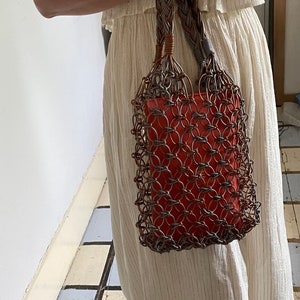 Handmade Leather Macrame Bag in Silver and Copper, Market Bag, Top Handle Bag, String Bag, Net Bag, Minimalist Design, image 3