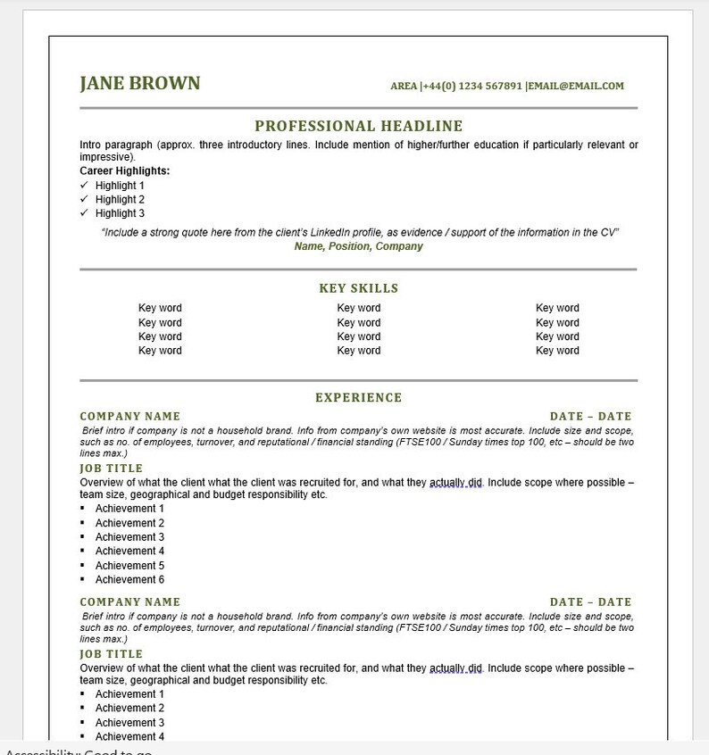 May include: A resume template with the name Jane Brown at the top. The resume includes sections for professional headline, key skills, experience, and company name. The template includes instructions for filling out the resume.