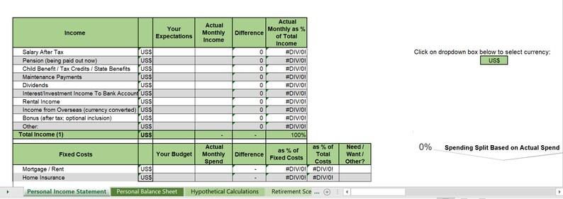 Rastreador de finanzas personales, hoja de trabajo de presupuesto de Excel, planificador de jubilación, planificador financiero, rastreador de gastos, multidivisa imagen 1