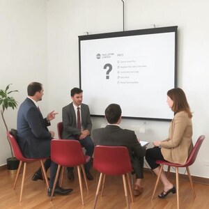 Op de afbeelding: Vier mensen zitten op stoelen rond een tafel en kijken naar een whiteboard met de tekst "NAALLETIM CONTEXT" en "POUIS" met een vraagteken ernaast. Het whiteboard heeft een lijst met verschillende punten met vinkjes.