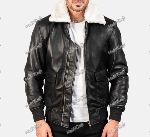 Military Style G1 Navy Black Bomber Jacket with White Fur Collar - Handmade Soft Lambskin Cockpit Pilot Bomber Leather Jacket for Men