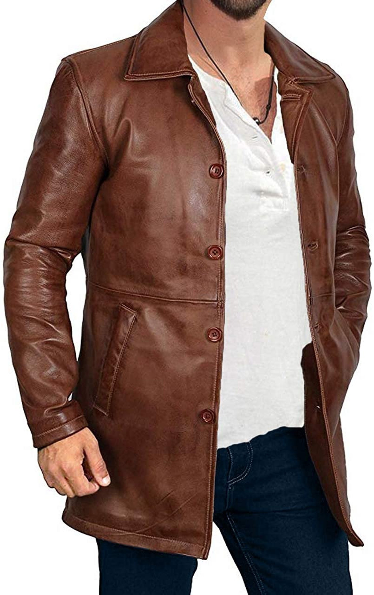 Distressed Brown Long Leather Car Coat for Men Brown Leather Etsy UK